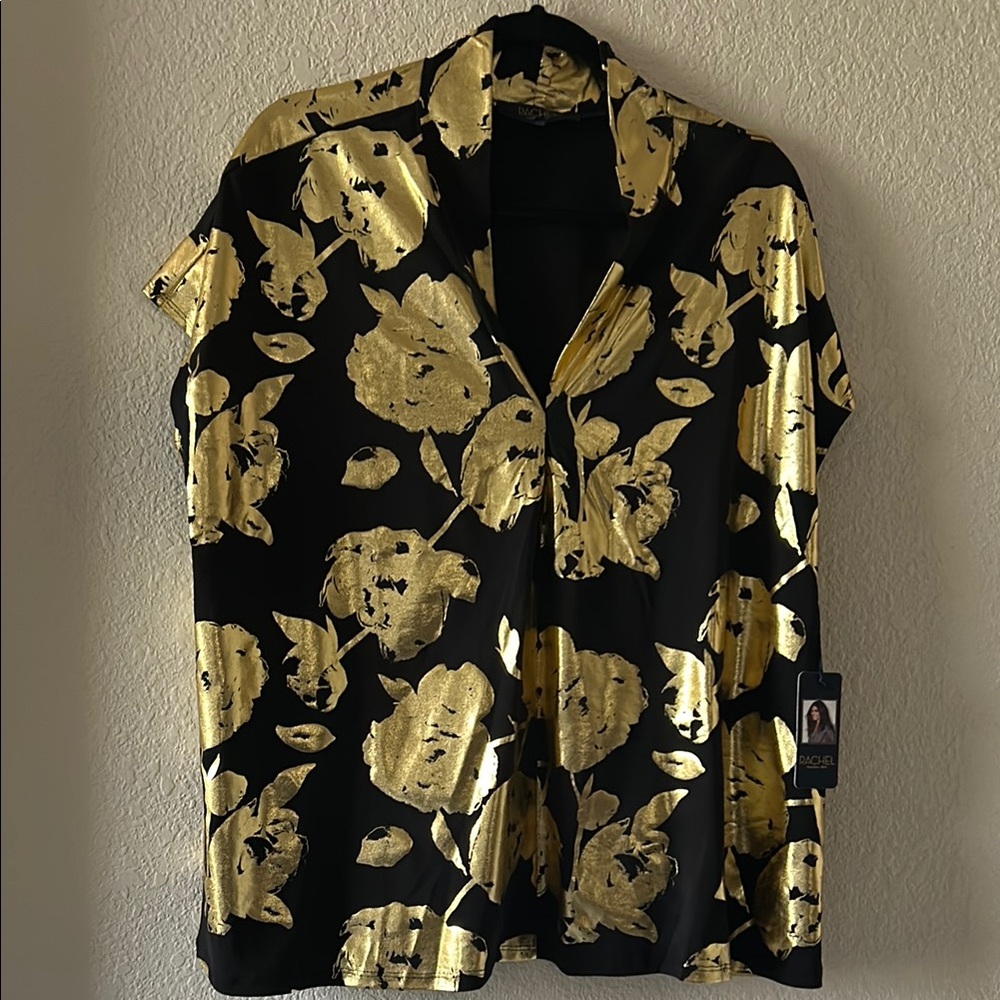 Rachel Roy Women’s Black/Gols Foil print Top Plus Size NWT